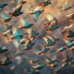 Vibrant colored birds flying freely in nature generated by AI
