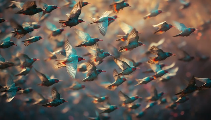 Vibrant colored birds flying freely in nature generated by AI