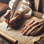 DALL·E 2023-10-04 13.27.37 – Photo of a hand holding a quill, writing on an old parchment, representing the recording of prophecies and predictions in religious scriptures