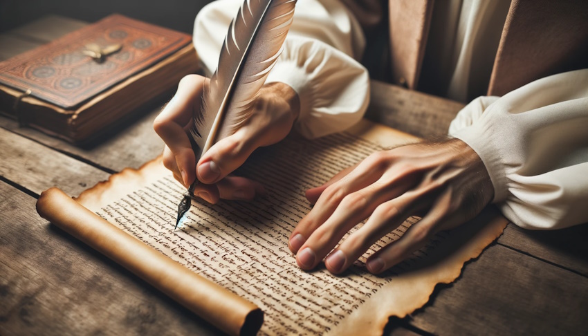 DALL·E 2023-10-04 13.27.37 – Photo of a hand holding a quill, writing on an old parchment, representing the recording of prophecies and predictions in religious scriptures