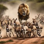 DALL·E 2023-10-04 14.32.17 – photo of a lion chasing a group of terrified wild donkeys, with the lion right behind them and the donkeys running quickly
