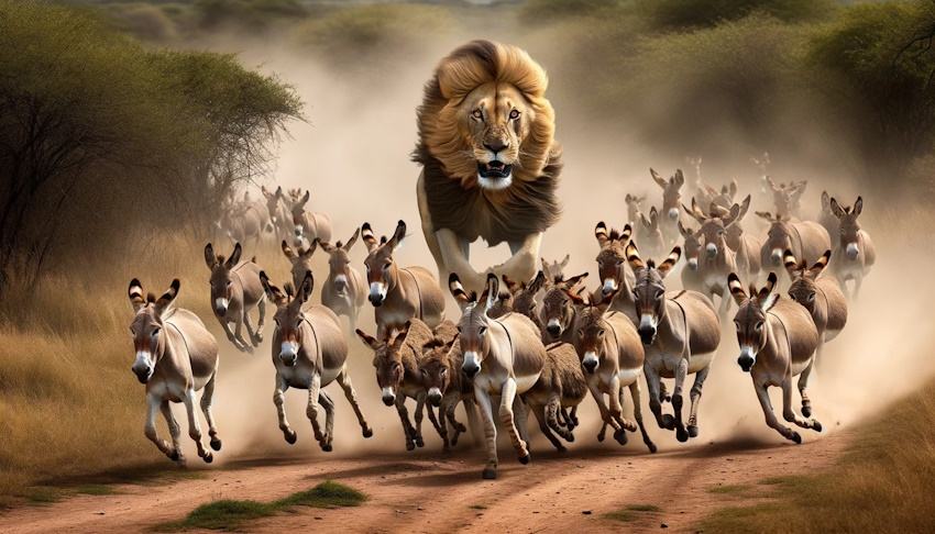 DALL·E 2023-10-04 14.32.17 – photo of a lion chasing a group of terrified wild donkeys, with the lion right behind them and the donkeys running quickly