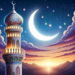 DALL·E 2023-10-07 22.18.17 – illustration of a beautifully decorated mosque minaret against a serene evening sky, representing the importance of the teachings from the Sunnah