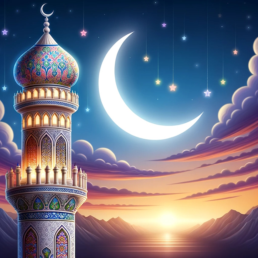 DALL·E 2023-10-07 22.18.17 – illustration of a beautifully decorated mosque minaret against a serene evening sky, representing the importance of the teachings from the Sunnah