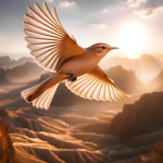 DALL·E 2023-10-07 22.31.54 – photo of a single Acrocephalus arundinaceus bird with spread wings soaring above desert terrain, with sunlight reflecting off its feathers
