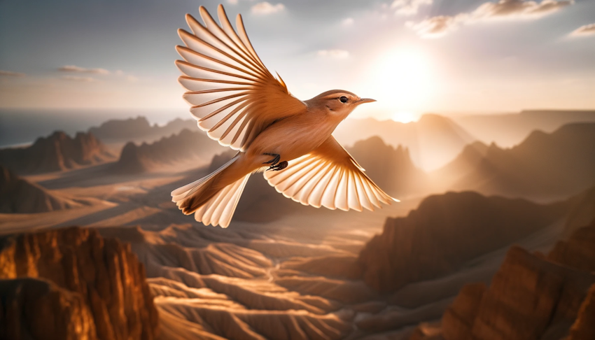 DALL·E 2023-10-07 22.31.54 – photo of a single Acrocephalus arundinaceus bird with spread wings soaring above desert terrain, with sunlight reflecting off its feathers