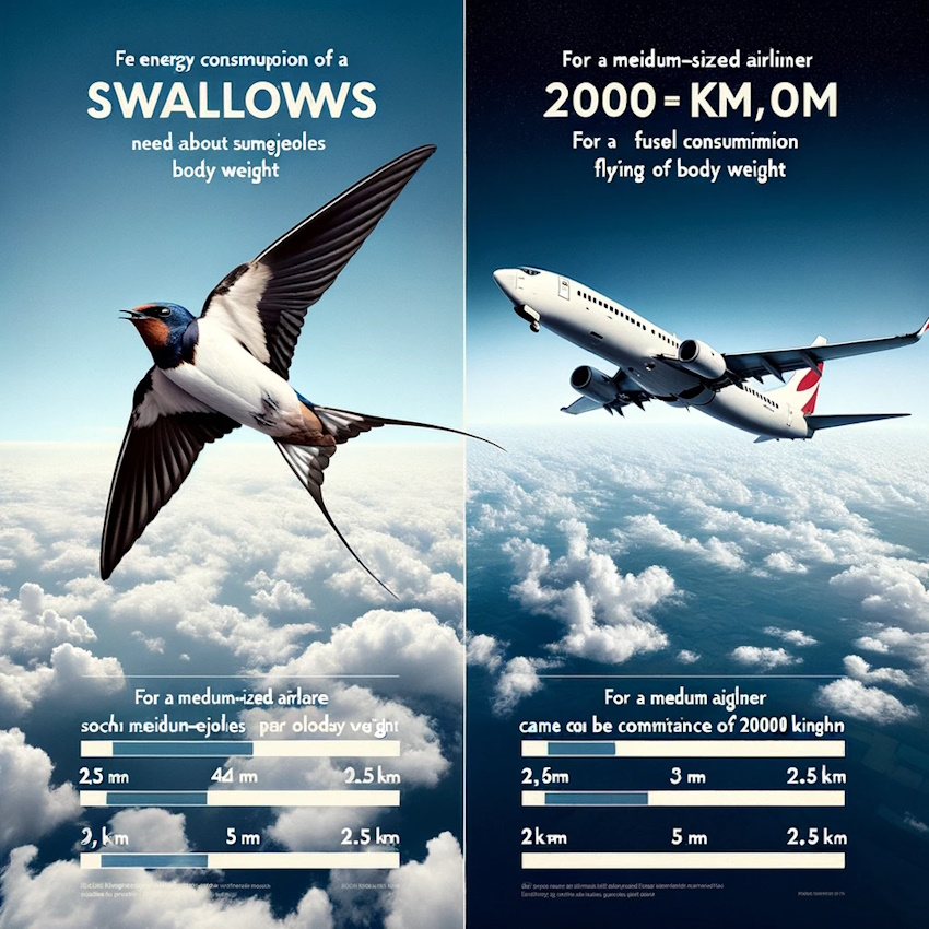 DALL·E 2023-10-07 22.50.01 – photo comparison chart in English between the energy consumption of a Swallow during flight and a medium-sized passenger airplane flying a distance of