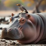 DALL·E 2023-10-13 23.38.40 – Photo of an oxpecker bird perched on the back of a hippopotamus, both in their natural habitat at South Luangwa National Park in Zambia
