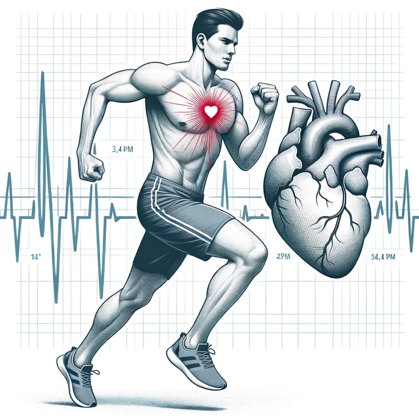 DALL·E 2023-10-17 22.46.41 – illustration of a man exercising vigorously, with an emphasis on his heart. The heart should be depicted in a detailed manner to showcase its importan