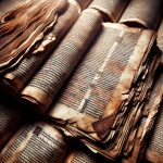 DALL·E 2023-10-17 23.18.14 – Photo of ancient manuscripts or texts with weathered pages and old ink, highlighting the sources of stories in different religions