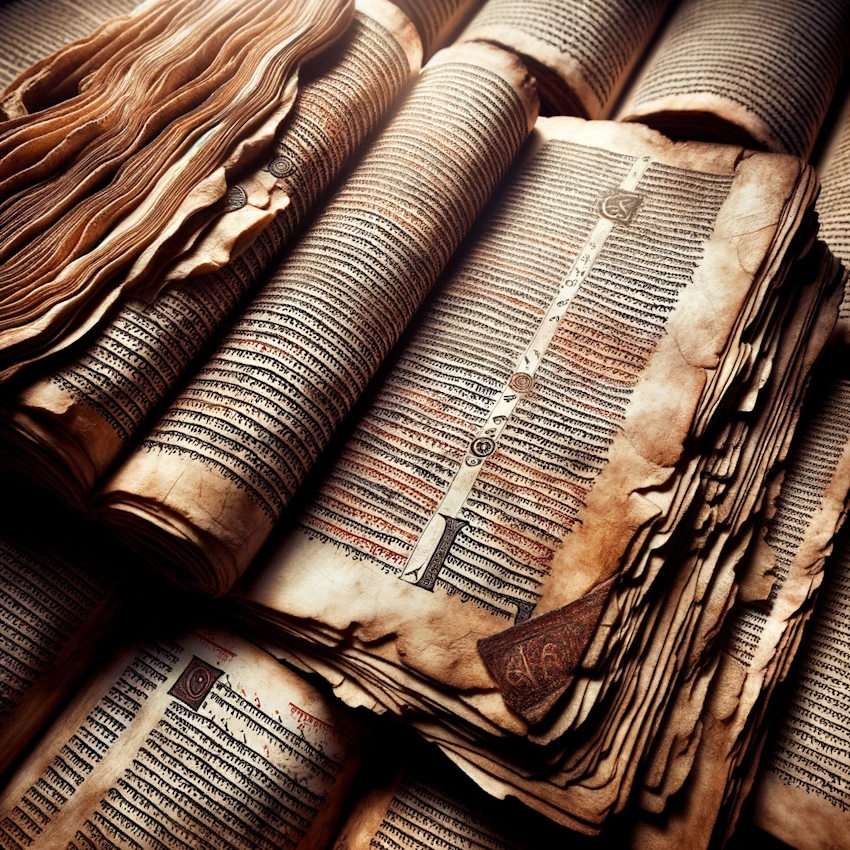 DALL·E 2023-10-17 23.18.14 – Photo of ancient manuscripts or texts with weathered pages and old ink, highlighting the sources of stories in different religions