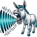 DALL·E 2023-10-22 14.43.08 – illustration of a donkey loudly braying, with a visible sound wave emanating from its mouth