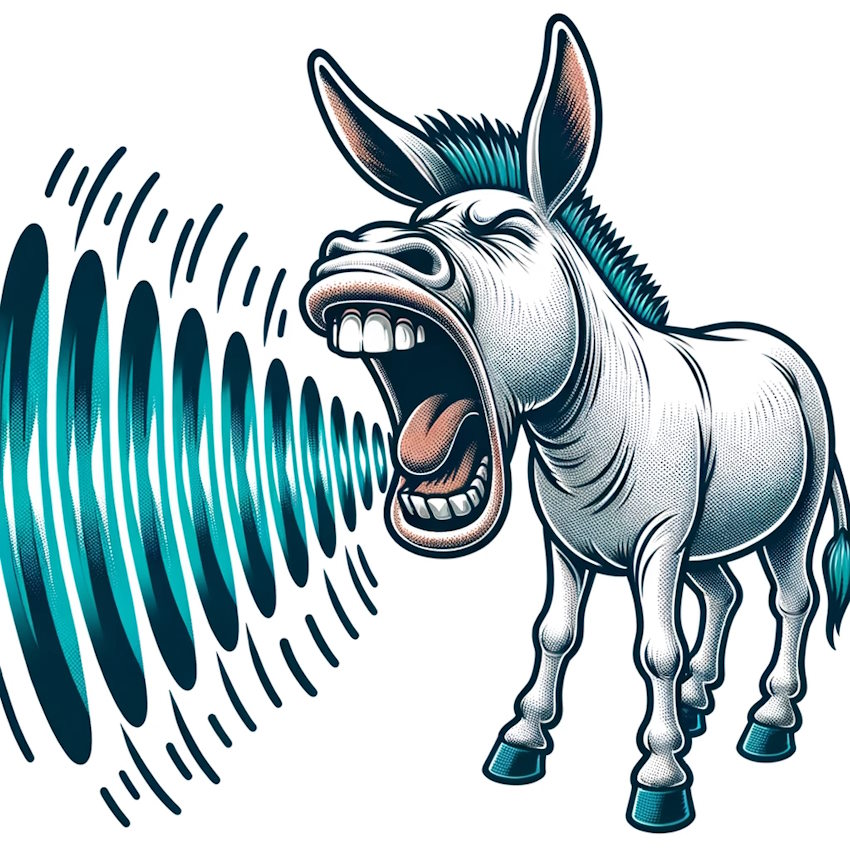 DALL·E 2023-10-22 14.43.08 – illustration of a donkey loudly braying, with a visible sound wave emanating from its mouth
