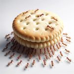 DALL·E 2023-10-22 20.16.48 – Photo of a large group of ants carrying a round, realistic light yellow biscuit piece that leans towards white. The ants are holding the biscuit from