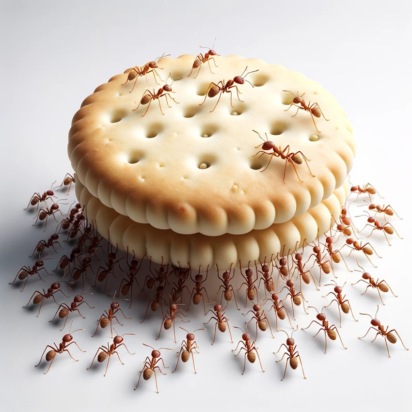 DALL·E 2023-10-22 20.16.48 – Photo of a large group of ants carrying a round, realistic light yellow biscuit piece that leans towards white. The ants are holding the biscuit from