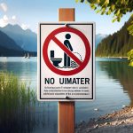 DALL·E 2023-10-30 13.47.55 – Illustration of a sign near a freshwater lake with a clear message discouraging people from urinating in the water. The sign has an image of a person