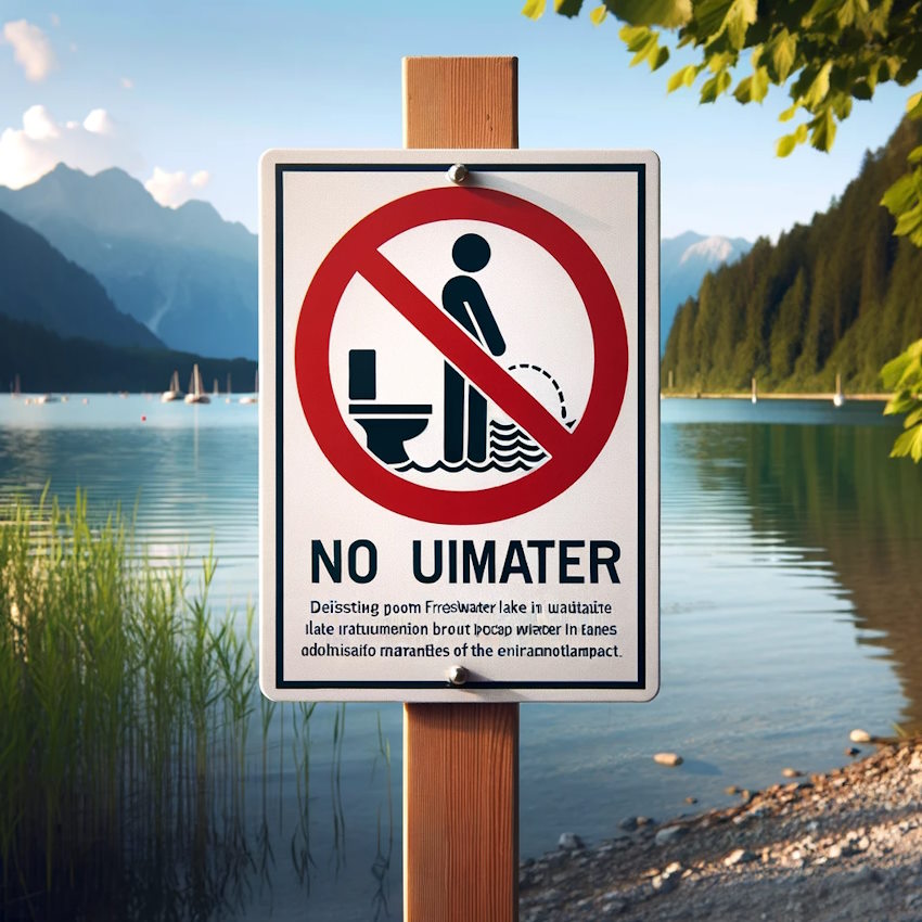 DALL·E 2023-10-30 13.47.55 – Illustration of a sign near a freshwater lake with a clear message discouraging people from urinating in the water. The sign has an image of a person