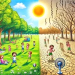 DALL·E 2024-06-13 18.16.50 – A scene illustrating the temperature difference between shaded and unshaded areas. On the left side, there is a lush green park with tall trees castin