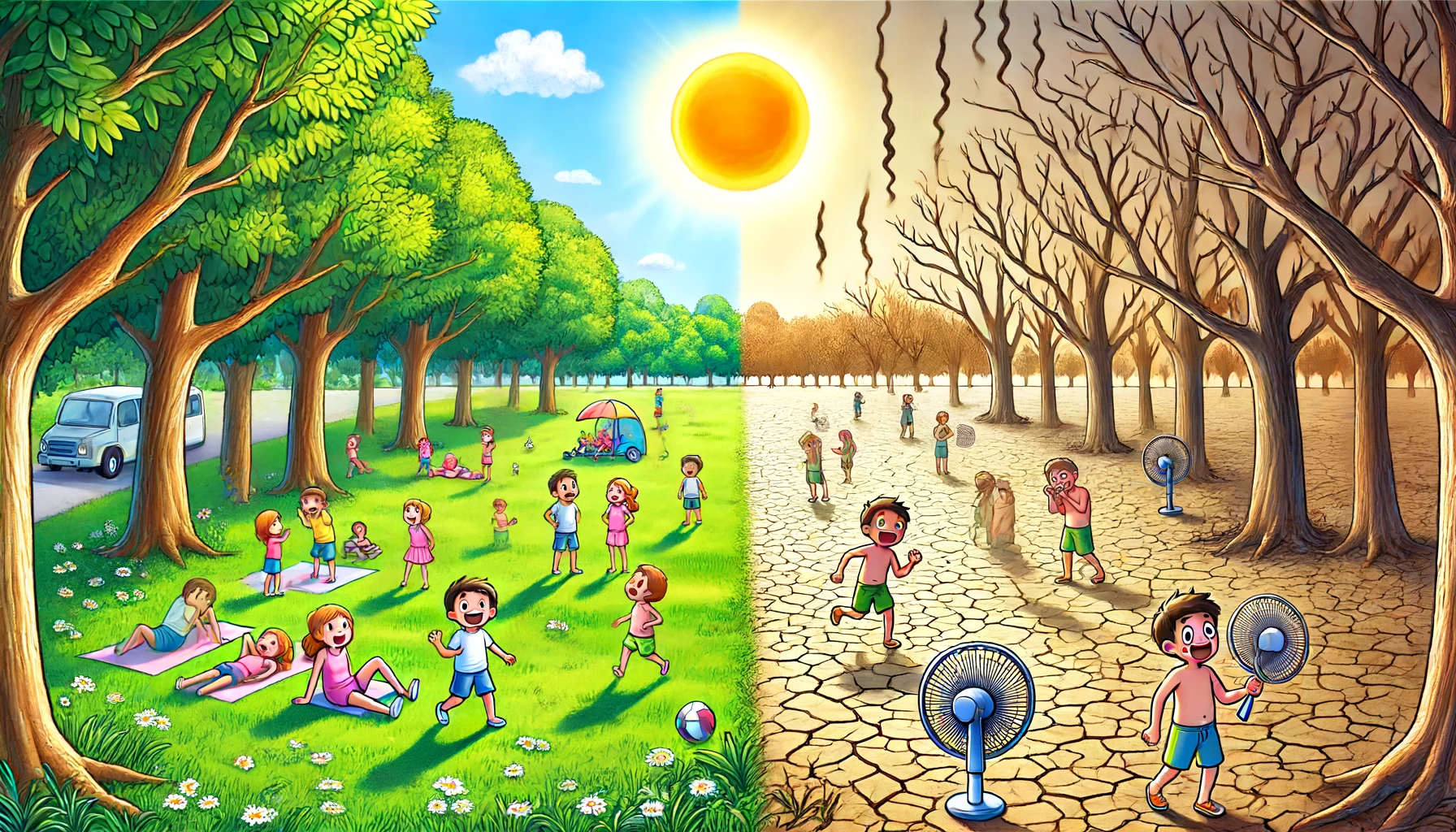 DALL·E 2024-06-13 18.16.50 – A scene illustrating the temperature difference between shaded and unshaded areas. On the left side, there is a lush green park with tall trees castin