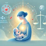 DALL·E 2025-06-25 00.15.32 – In a soft, peaceful background dominated by light baby blue tones, a symbolic, serene cartoon scene unfolds. A mother is breastfeeding her infant in a