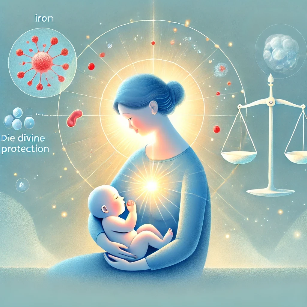 DALL·E 2025-06-25 00.15.32 – In a soft, peaceful background dominated by light baby blue tones, a symbolic, serene cartoon scene unfolds. A mother is breastfeeding her infant in a